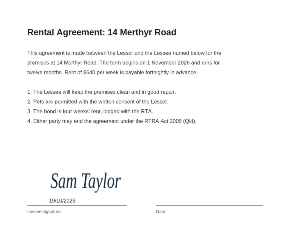 A rental agreement in PDF Desk with the typed signature Sam Taylor and a date placed on the signature line